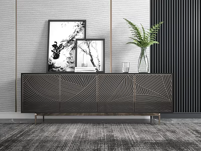 Modern TV Stand with Geometric Patterned Doors Metal Legs and Decorative Paintings Green Plant 3d model