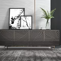 Modern TV Stand with Geometric Patterned Doors Metal Legs and Decorative Paintings Green Plant
