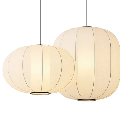 Modern Minimalist Round Cream Colored Fabric Pendant Lights With Striped Design Hanging 3d model