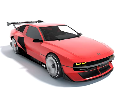 Red Functional Sports Car With Rear Spoiler Yellow Headlights Black Accents And Alloy Wheels 3d model