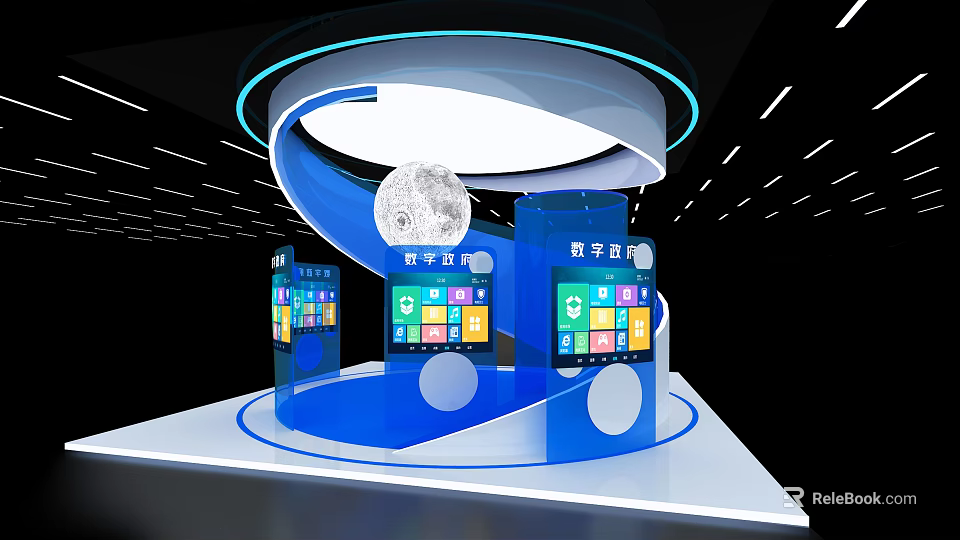 Modern Blue Curved Display Shelves Featuring Circular Top And Digital Screens For Digital Space 3d model 