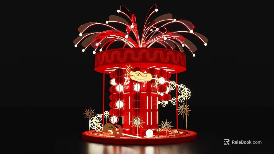 Red Festive Decoration Featuring Firework Shaped Top Lanterns And Auspicious Clouds 3d model 