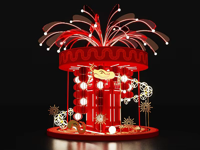 Red Festive Decoration Featuring Firework Shaped Top Lanterns And Auspicious Clouds 3d model