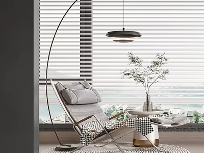 Modern Lounge Chair Interior By Window With Blinds Hanging Lamp And Potted Plant 3d model