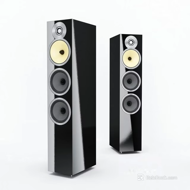 Black Floor Standing Speakers With Yellow Cones Modern Home Audio System 3d model 