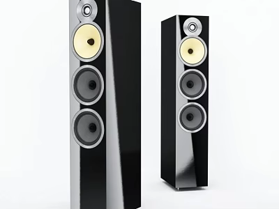 Black Floor Standing Speakers With Yellow Cones Modern Home Audio System 3d model