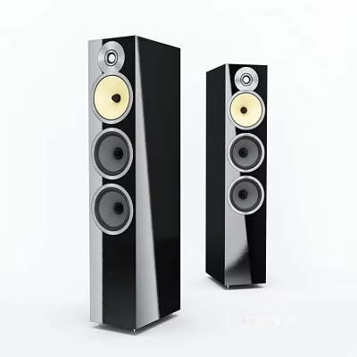 Black Floor Standing Speakers With Yellow Cones Modern Home Audio System 3d model