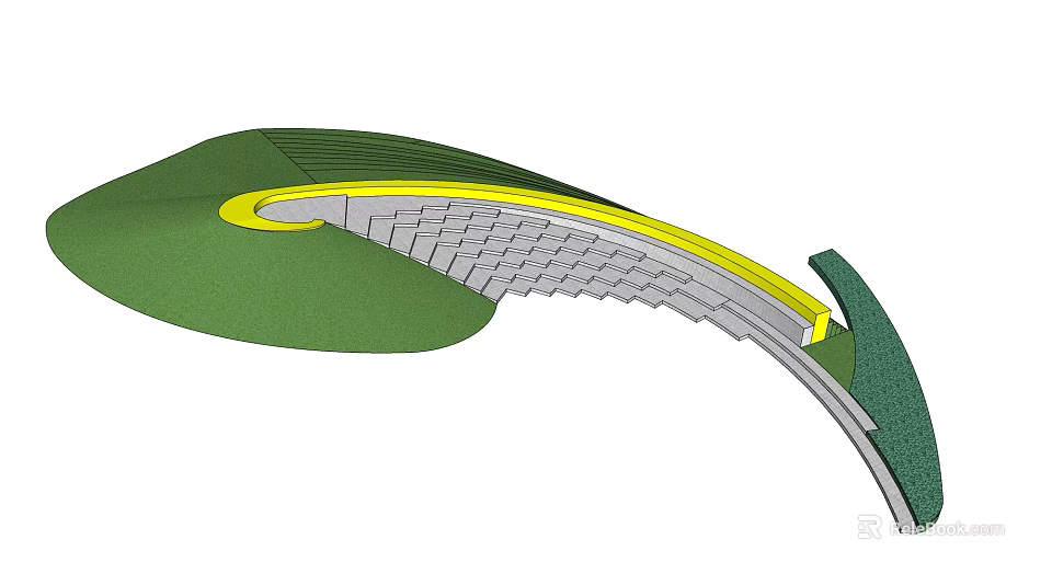 Curved Staircase Design With Stone Steps Yellow Edge And Green Surroundings 3d model 