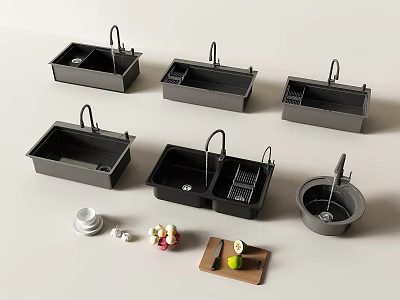 Black Kitchen Sinks In Various Designs With Faucets And Kitchen Accessories 3d model