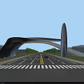 Modern Architectural Entrance Gate With Arched Structure Road Traffic And Greenery