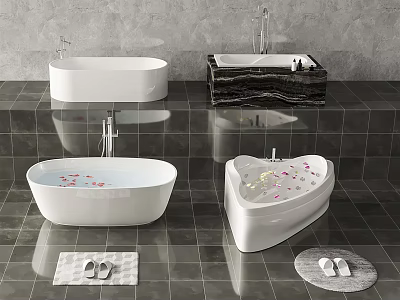 Modern Stylish White Bathtubs in Different Shapes with Flower Petals Dark Tiled Floor and Slippers 3d model