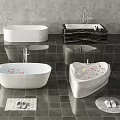 Modern Stylish White Bathtubs in Different Shapes with Flower Petals Dark Tiled Floor and Slippers