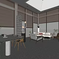 Modern Living Room Interior With Floor to Ceiling Windows Roller Blinds Sofa And Green Plants