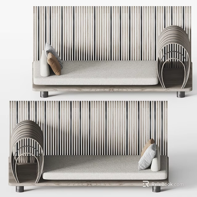 Modern Sofa Bench With Upholstered Seat Curved Armrests And Striped Wall 3d model 