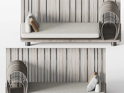 Modern Sofa Bench With Upholstered Seat Curved Armrests And Striped Wall 3d model