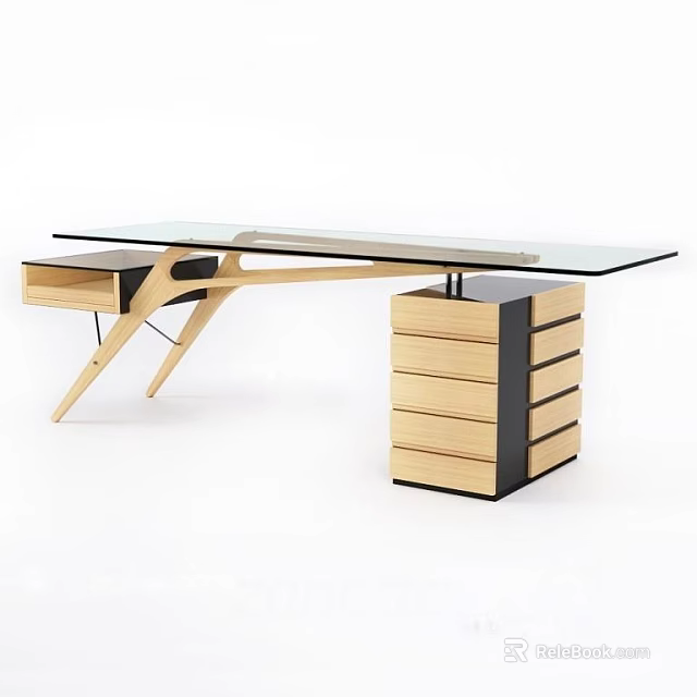 Modern Office Desk With Glass Top Wooden Frame Drawer And Side Cabinet Storage 3d model 