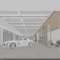 Bright Modern Indoor Showroom With White Sports Car Large Windows Wooden Accents And Open Layout
