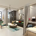 Modern Apartment Bedroom With Canopy Bed Green Pillows Decorative Wall Art And Sofa