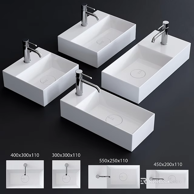 Modern White Rectangular Washbasin With Silver Faucet For Bathroom In Various Sizes 3d model