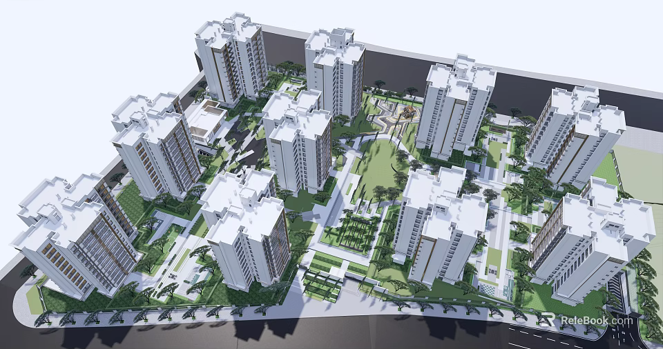 High Rise Residential Complex With Landscaped Gardens And Open Green Spaces 3d model 