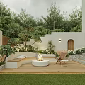 Garden Landscape Featuring Wooden Deck Circular Fire Pit Wicker Chair Green Plants Steps And Lawn