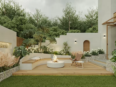 Garden Landscape Featuring Wooden Deck Circular Fire Pit Wicker Chair Green Plants Steps And Lawn 3d model
