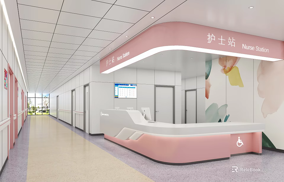 Pink Curved Nurse Station In Hospital Corridor With Decorative Paintings And Display Screen 3d model 