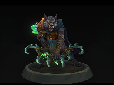 Wolf Like Fantasy Character With Cloak And Green Glowing Clawed Weapons 3d model