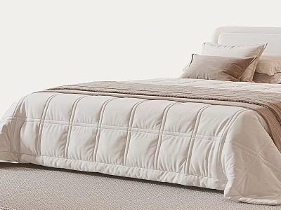 Double Bed with Beige Quilt Soft Pillows and Minimalist Headboard in Cozy Bedroom 3d model