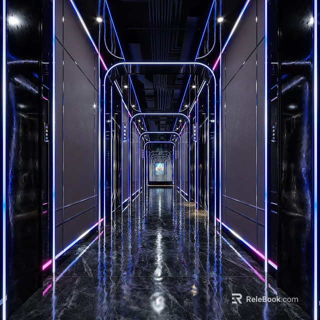 Modern KTV Interior Design With Neon Blue Pink Lights And Glossy Reflective Floor Long Corridor 3d model 
