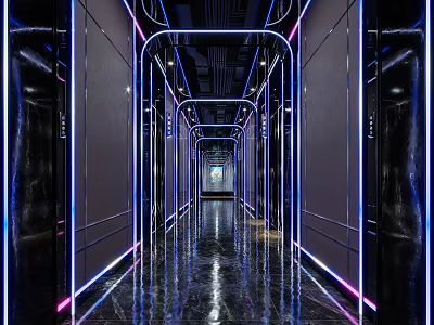 Modern KTV Interior Design With Neon Blue Pink Lights And Glossy Reflective Floor Long Corridor 3d model