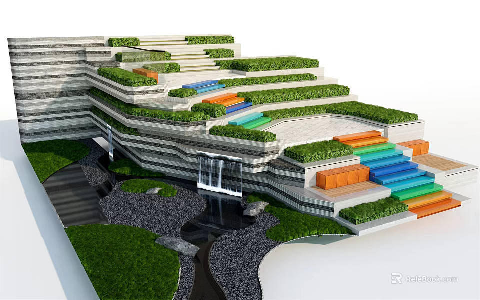 Modern Park Landscape With Tiered Steps Green Grass Colorful Steps And Water Feature 3d model 