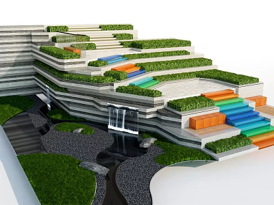Modern Park Landscape With Tiered Steps Green Grass Colorful Steps And Water Feature 3d model