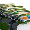 Modern Park Landscape With Tiered Steps Green Grass Colorful Steps And Water Feature
