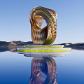 Spiral Golden Striped Sculpture With White Base And Water Reflection Against Blue Sky Mountain Backdrop