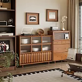 Modern Wooden Bookcase With Glass Doors And Decorative Vases In Living Room