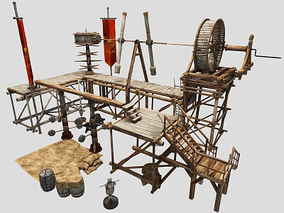 Ancient Medieval Wooden Scaffolding Featuring Water Wheel Platform Ladders Barrels And Red Flags 3d model