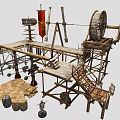 Ancient Medieval Wooden Scaffolding Featuring Water Wheel Platform Ladders Barrels And Red Flags