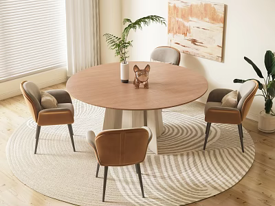 Round Wooden Dining Table with Four Brown Chairs Vase Plant and Round Striped Rug 3d model