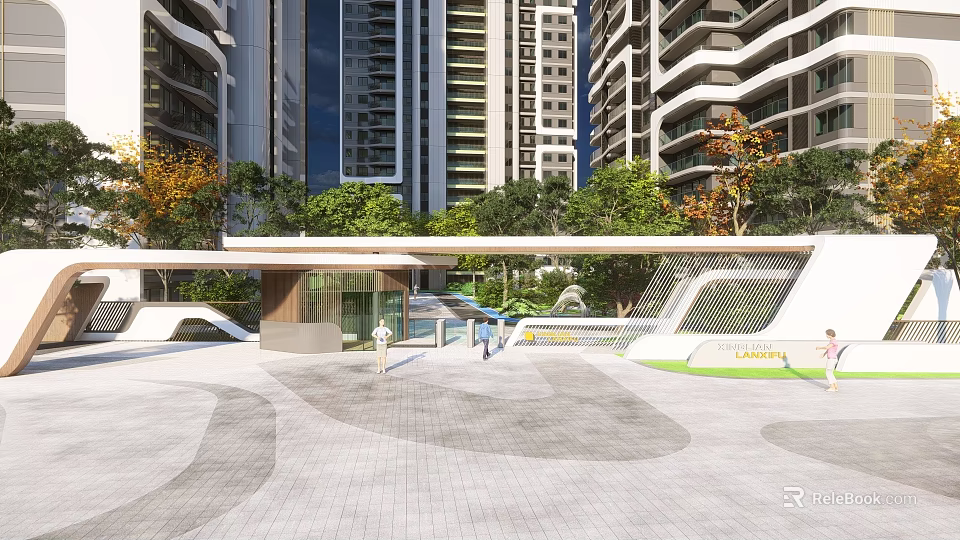 Modern Entrance Gate In Front Of High Rise Buildings With Greenery And Paved Plaza 3d model 