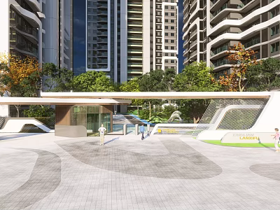Modern Entrance Gate In Front Of High Rise Buildings With Greenery And Paved Plaza 3d model