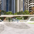 Modern Entrance Gate In Front Of High Rise Buildings With Greenery And Paved Plaza