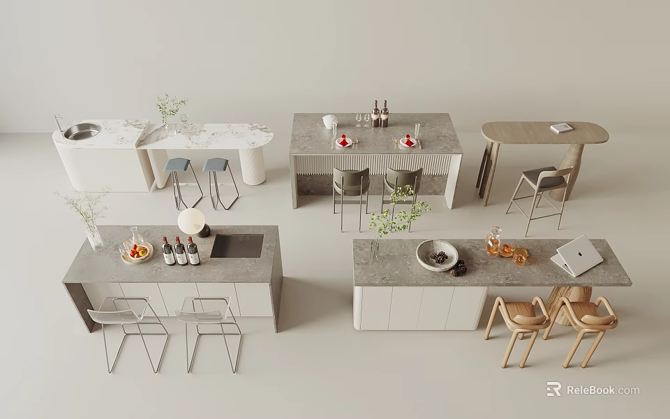 Various Modern Bar Counter Interior Designs With Stools Countertops And Decorative Elements 3d model