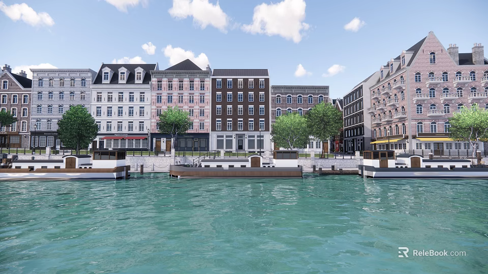 Waterfront Commercial Street With Colorful Historic Buildings Green Trees And Moored Boats 3d model 
