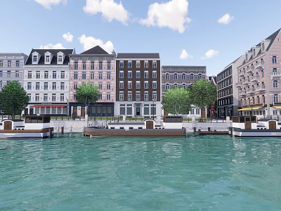 Waterfront Commercial Street With Colorful Historic Buildings Green Trees And Moored Boats 3d model