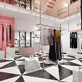 V VIGUE Minimalist Style Clothing Store With Black Dresses White Tops And Checkered Floor