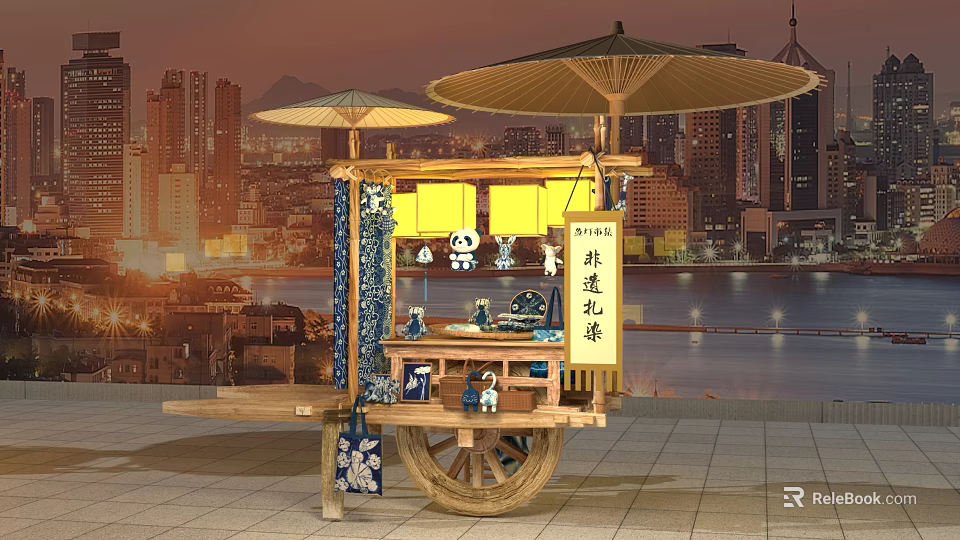 Interactive Area With Traditional Snack Cart Bamboo Umbrella And City Skyline 3d model 