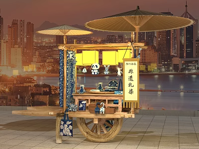 Interactive Area With Traditional Snack Cart Bamboo Umbrella And City Skyline 3d model