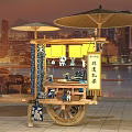 Interactive Area With Traditional Snack Cart Bamboo Umbrella And City Skyline