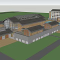 Traditional Modern Hotel Building With Wooden Structure Sloped Roof And Green Lawn